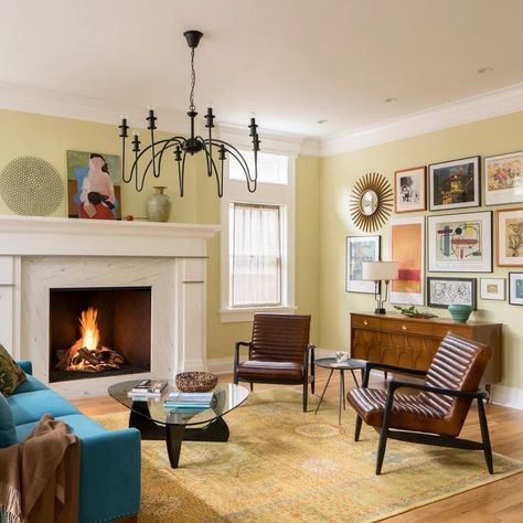 75 Living Room with Yellow Walls Ideas You'll Love - April, 2024 | Houzz Pale Yellow Walls Living Room Decor, Pale Yellow Walls, Yellow Walls Living Room, Luxe Kitchen, Color Catalog, Yellow Walls, Interior Design Mood Board, Space Decor, Furniture Layout