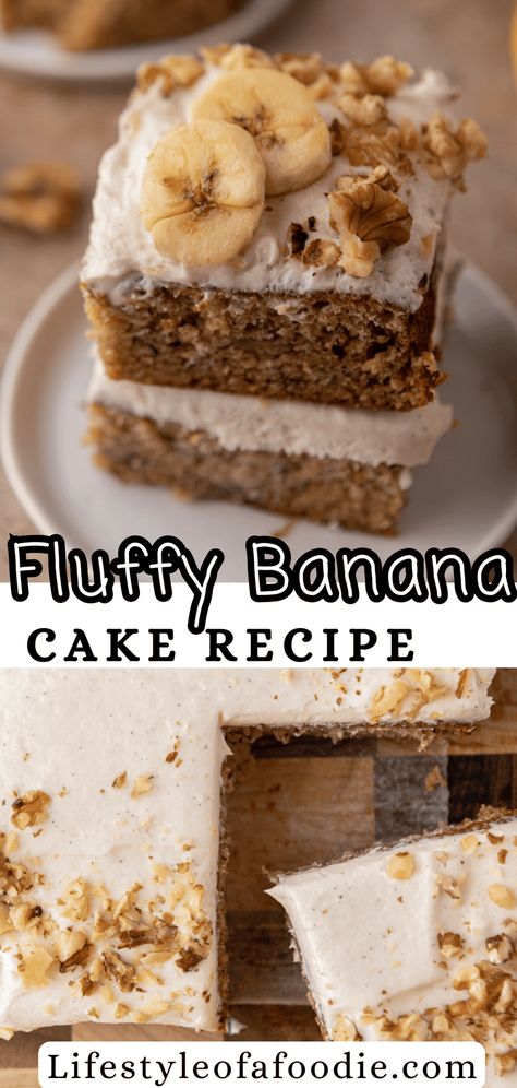 This Banana Cake recipe tastes like caramelized bananas with a perfect cream cheese frosting. Good luck stopping yourself from eating it! Moist Banana Cake With Peanut Butter Cream Cheese Frosting, Banana Sheet Cake Recipe, Fruit Breakfast Recipes, Fluffy Banana Cake, Best Banana Cake Recipe, Easy Banana Cake Recipe, The Best Banana Cake, Banana Sheet Cakes, Easy Banana Cake