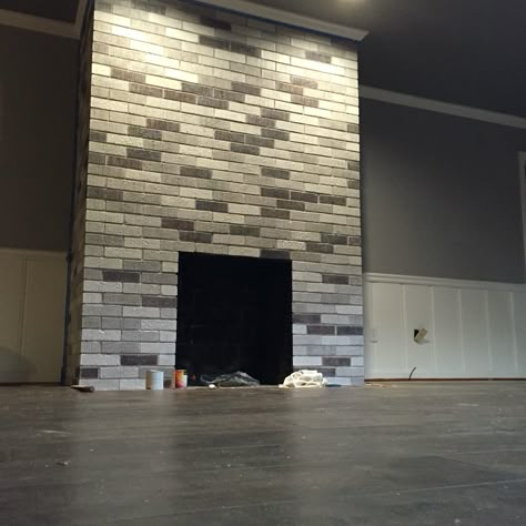 My after fireplace project. Painted each brick with leftover wall/ceiling paint… Modern Brick Fireplace, Painted Fireplace, Fireplace Makeovers, Brick Fireplaces, Painted Brick Fireplace, Painted Brick Fireplaces, Fireplace Redo, Fireplace Update, Paint Fireplace