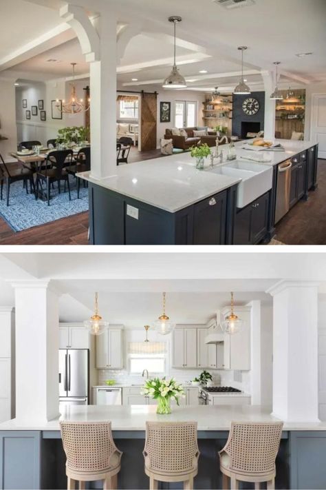 2 Kitchen with Column Idea Compared Each with Pendant Light and Massive Island Kitchens With Pillars, Pillar Kitchen Island, Cased Opening Kitchen Island, Island With Two Posts, Poles In Kitchen Island, Kitchen Island Facing Dining Room, Kitchen Islands With Pillars, Kitchen With Supporting Pillar, Kitchen Bar With Columns