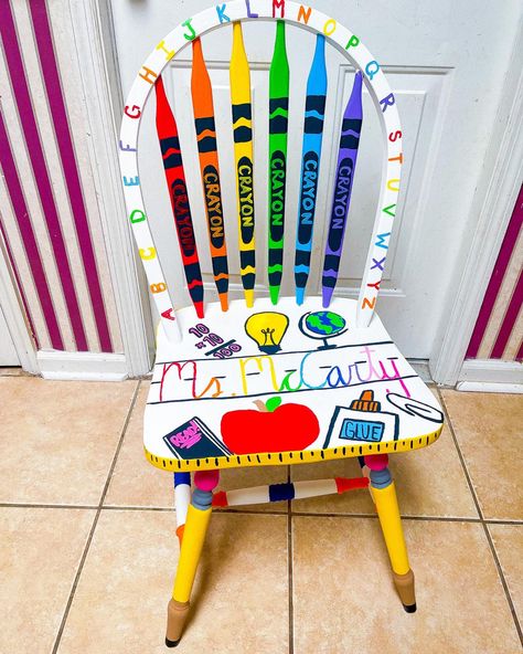 Classroom Rocking Chair, Teacher Rocking Chair, Teacher Rocking Chairs, Authors Chair, Teacher Stools, Teacher Chair, Crayon Themed Classroom, Painted Kids Chairs, Painted Wooden Chairs