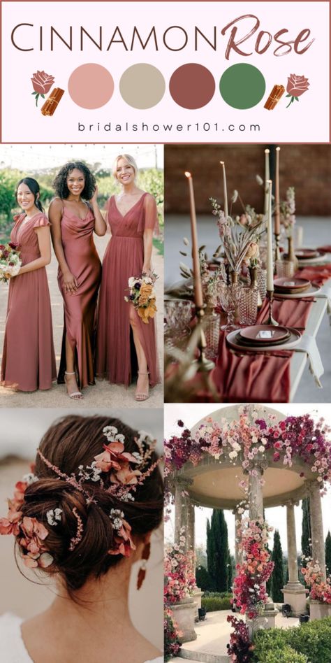 Bridesmaids In Two Different Colors, Rosewood Fall Wedding, Bridesmaid Dresses Cinnamon Rose, Cinnamon Pink Wedding, Cinnamon Rose And Dusty Rose Wedding, Cinnamon Rose Palette, Fall Wedding Colors Dusty Rose, Cinnamon Rose Wedding Florals, Wedding Decorations September