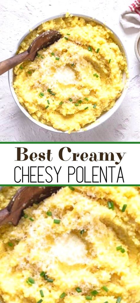 Easy Creamy Cheesy Polenta makes the perfect savory side dish to any meat or veggies. Serve it for breakfast, lunch or dinner. Cheesy Polenta Recipes Easy, Salmon With Polenta, Best Polenta Recipe, Parmesan Polenta Recipes, Cheesy Polenta Recipes, Polenta Recipes Easy, Cheddar Polenta, Gina Livy Recipes, Side Vegetable Dishes