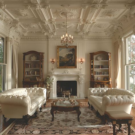 Discover the timeless elegance of a parlor with ornate Victorian ceilings and white walls, highlighted by plush cream sofas and an antique fireplace. The room features intricate ceiling carvings, vintage rugs, and large windows that flood the space with natural light, adding to the classic and sophisticated ambiance. Victorian Mixed With Modern, Classical Room Interior, Victorian White House, Vintage Mansion Living Room, House With Antiques, Light Victorian House, Traditional Victorian Living Room, Victorian House Interiors Vintage, Ornate Victorian Houses