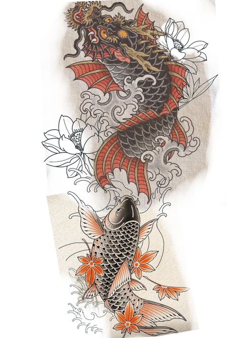 Dragon Fish Tattoo, Tattoo Nike, Dragon Koi Tattoo Design, Koi Dragon Tattoo, Koi Dragon, Koi Tattoo Design, Dragon Fish, Koi Tattoo, Japanese Koi