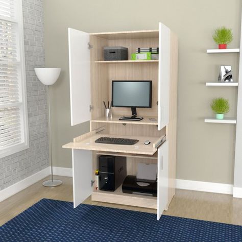 Inval Computer Work Center Armoire - Laricina White Computer Hutch, Oak Computer Desk, Armoire Desk, White Computer Desk, Computer Armoire, White Laminate, Composite Wood, Home Office Design, Home Office Desks