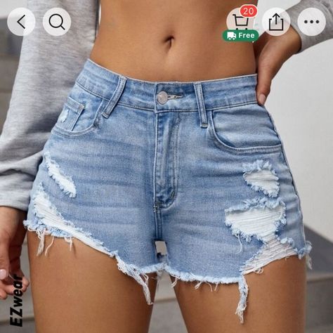 Ripped denim shorts Shein Shorts, Denim Shorts Outfit, Ripped Jean Shorts, Mom Jeans Shorts, Ripped Denim Shorts, Ripped Shorts, Cute Preppy Outfits, Outfit Jeans, Jeans For Short Women