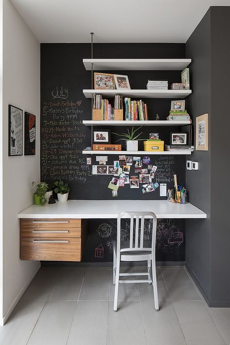 Small home office idea with chalkboard walls [Design: John Donkin Architect] | DKI in West Bloomfield, MI, specializes in the selective demolition of architectural, structural, mechanical and electrical systems. For more information call (248) 538-9910 or visit www.dkidemolition.com. Contemporary Home Office, Office Nook, Decor Ikea, Small Home Office, Design Studios, Work Spaces, Home Office Space, Home Office Ideas, Office Inspiration