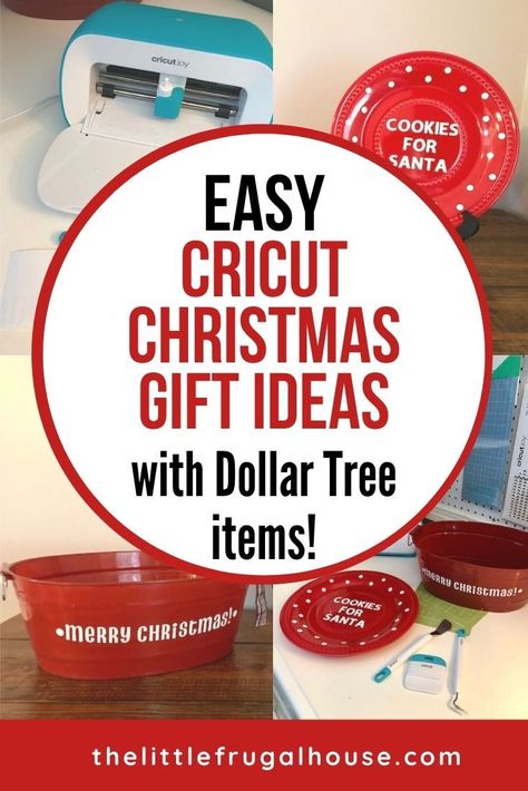 These are the perfect beginner projects! Make these quick, easy, and simple Cricut projects for Christmas gifts using Dollar Tree items! Easy Christmas Cricut Gifts, Easy Christmas Crafts Cricut, Cricut Christmas Party Favors, Diy Dollar Tree Cricut Projects, Christmas Cricut Projects To Sell Dollar Tree, Cheap Cricut Christmas Gifts, Teacher Christmas Gift Ideas Diy Cricut, Simple Cricut Christmas Gifts, Cricut Joy Christmas Gifts