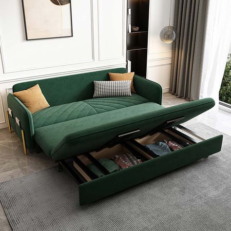 Couch With Storage And Bed, Green Sleeper Sofa, Dark Green Couch, Dark Green Velvet Sofa, Green Sofa Bed, Pull Out Bed Couch, Music Office, Velvet Sleeper Sofa, Rental Home Decor