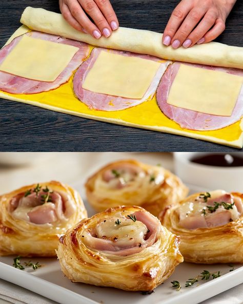 Ham and Cheese Puff Pastry Pinwheels Ham And Cheese Puff Pastry, Pastry Pinwheels, Puff Pastry Pinwheels, Cheese Puff, Cheese Puff Pastry, Diner Recept, Puff Pastry Recipes, Christmas Brunch, Snacks Appetizers