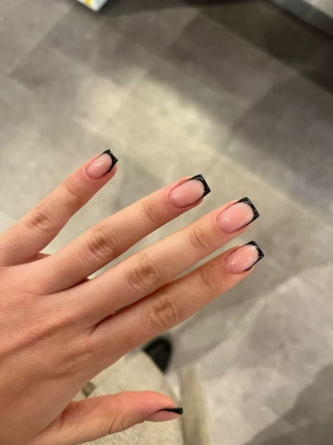 Black french nails Black Tips Nails Square, Gel French Nails Short, Black French Tip Biab, Black Mini French Nails, Extra Short Black French Tip Nails, Short Acrylic Nail Designs Simple Cute French Tip, Black Small French Tip Nails, Short Nail Black French Tip, Black French Tip Nails Squoval