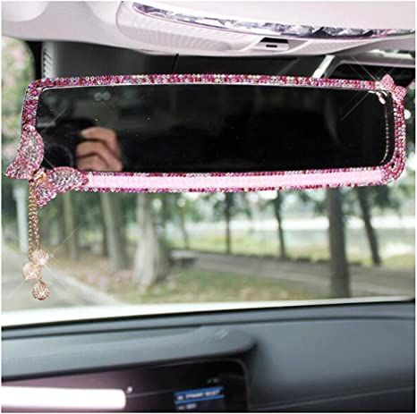 BlingSHD Car Rear View Mirror with Crystal Diamond Butterfly - Pink Car Mirror Decorations, Pink Car Accessories, Baby Mirror, Car Deco, Bling Rhinestones, Cool Car Accessories, Rear View Mirror Decor, Girly Car, Car Things