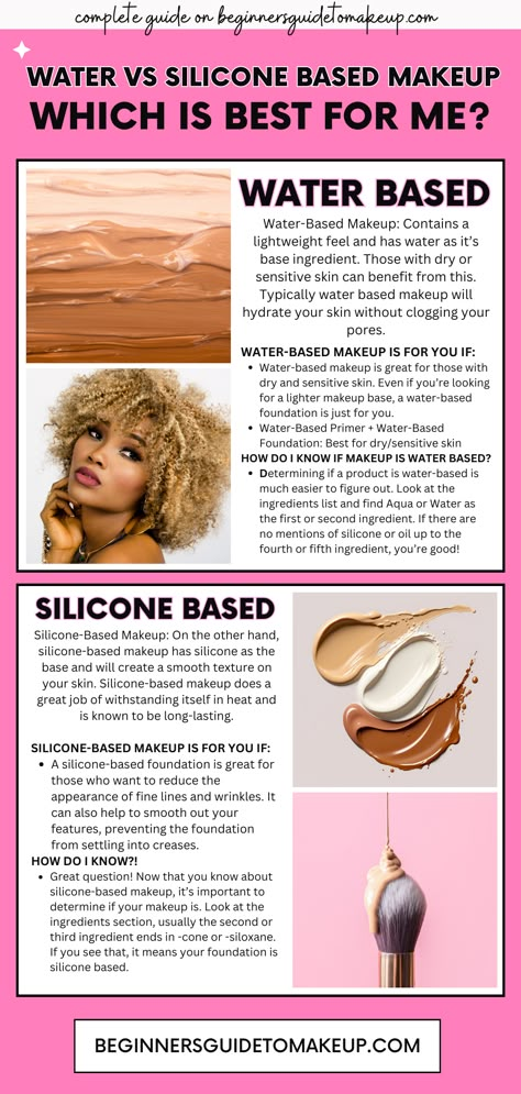 Water vs. Silicone-Based Makeup: Have you been struggling with patchy makeup?! You’ve probably heard that water-based foundation and silicone-based primer don’t work together. This can be confusing for makeup beginners, but don’t worry. By the end of this guide, you’ll know exactly what we’re talking about! Water Based Vs Silicone, Waterbase Makeup, Primer And Foundation Combo, Wedding Foundation Make Up, Silicone Based Makeup Products, Water Vs Silicone Makeup, Silicone Makeup Products, Silicon Based Makeup, Water And Silicone Based Makeup