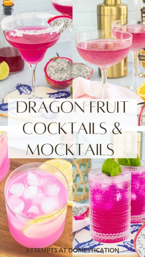 16 Dragon Fruit Cocktail and Mocktail Ideas - Attempts At Domestication Dragon Fruit Tequila Drink, Dragon Fruit Vodka Drinks, Dragonfruit Drink Recipes, Dragon Fruit Cocktail Drinks, Dragonfruit Cocktail Vodka, Dragon Themed Drinks, Dragon Appetizers, Dragon Fruit Alcoholic Drink, Dragon Fruit Cocktail Vodka