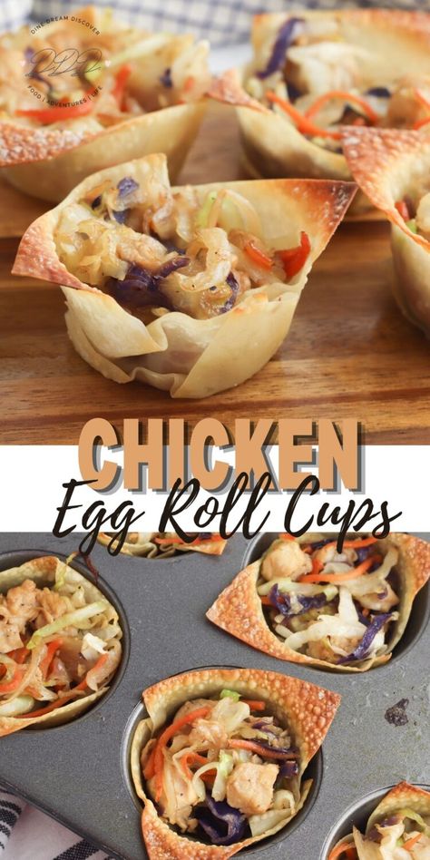 Chicken Egg Roll Cups Recipe | Dine Dream Discover Recipes With Egg Roll Wrappers, Cresent Roll Chicken, Eggroll Wrapper Recipes, Wonton Appetizer Recipes, Make Ahead Appetizer, Wonton Appetizers, Egg Roll Ingredients, Egg Roll Wraps, Make Shredded Chicken