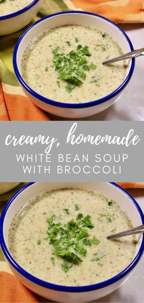 Creamy Homemade White Bean Soup with Broccoli is an irresistible blend of smooth textured and nutty flavored cannellini beans and roasted broccoli, a nutritional powerhouse. Soup With Cannellini Beans, Blended Soup Recipes, Soup With Broccoli, Recipe With Broccoli, Cannellini Beans Recipes, White Bean Soup Recipes, Bean Soup Recipe, Broccoli Recipe, Bean Soup Recipes