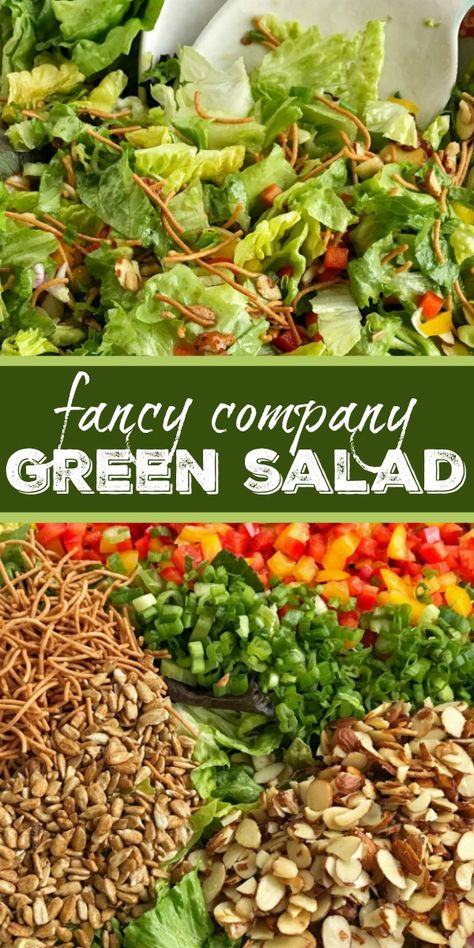 Company Green Salad | Salad Recipe | Side Dish Recipe | Fancy Company Green Salad is a perfect weeknight side dish or fancy enough for company! Crisp, bright greens with crunchy rice noodles, sweet red & yellow peppers, sugared almonds, salty sunflower kernels, and green onions. Topped with a simple dressing. This salad is the perfect blend of texture, color, and flavor. #sidedish #saladrecipes #greensalad #healthyrecipe #recipeoftheday Recipes Fancy, Crunchy Rice, Lettuce Salad Recipes, Fancy Salads, Sugared Almonds, Salads For A Crowd, Side Salad Recipes, Simple Dressing, Green Salad Recipes