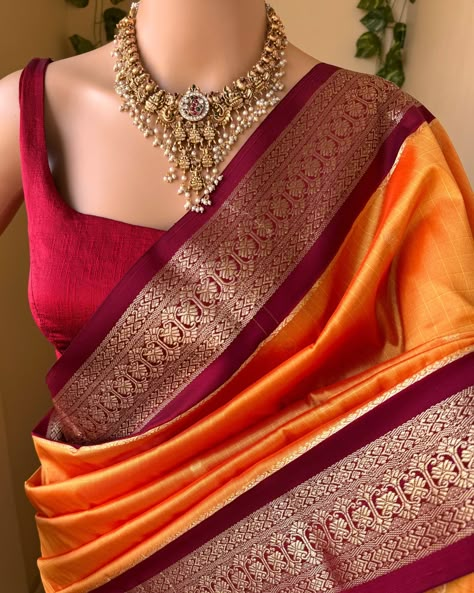 Mango yellow art silk saree with contrast maroon zari border.. completely gives a traditional look by adding small thread checks all over saree. Comes with contrast maroon blouse piece. Wash care: Normal wash #artsilksarees #silksaree #mangoyellowsaree #yellowsaree Yellow And Maroon Saree, Mango Yellow Saree With Contrast Blouse, Yellow Pattu Saree Wedding, Orange Saree Contrast Blouse, Mango Yellow Saree, Trending Silk Sarees, Soiree Outfits, Pattu Sarees Wedding, Yellow Silk Saree