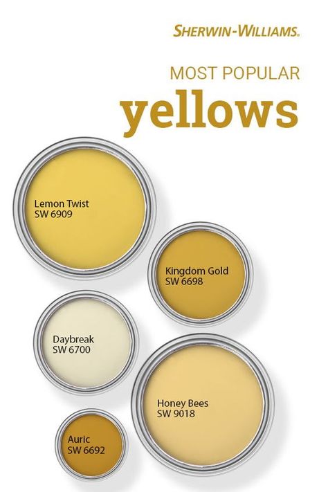 Have you ever wondered which Sherwin-Williams yellow paint colors are the very best sellers? These beautiful hues all make the list. Tap this pin to find the right color for your next DIY painting project. #sherwinwilliams #asksherwinwilliams #paintinspiration #paint #diy #yellow #yellowpaint Mustard Yellow Paint Colors, Mustard Yellow Paints, Yellow Painted Walls, Bold Paint Colors, Yellow Paint Colors, Paint Color Inspiration, Sherwin Williams Colors, Yellow Paint, Bathroom Paint Colors