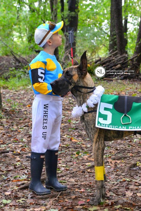 Homemade Jockey Race Horse Kid and Dog Costume michaelsmakers _zpsxa8jtvgl Jockey Costume, Halloween Costumes For Cats, Diy Pet Costumes, Costumes For Cats, Dogs Costumes, Halloween Costumes For Dogs, Up Halloween Costume, Horse Halloween, Dog Halloween Costume