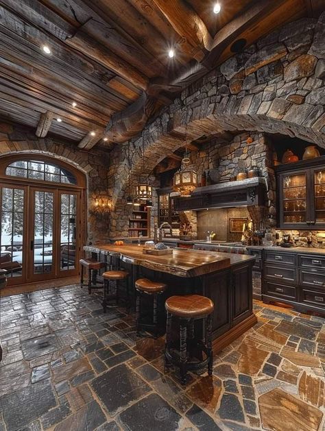 Western Log Cabin Interior Design, Log Homes Interiors, Cabin Inside, Giant Kitchen, Large Cabin, Western Gothic Aesthetic House, Moody Cabin Interior, Dream Cabin, Cute Cabin Interior