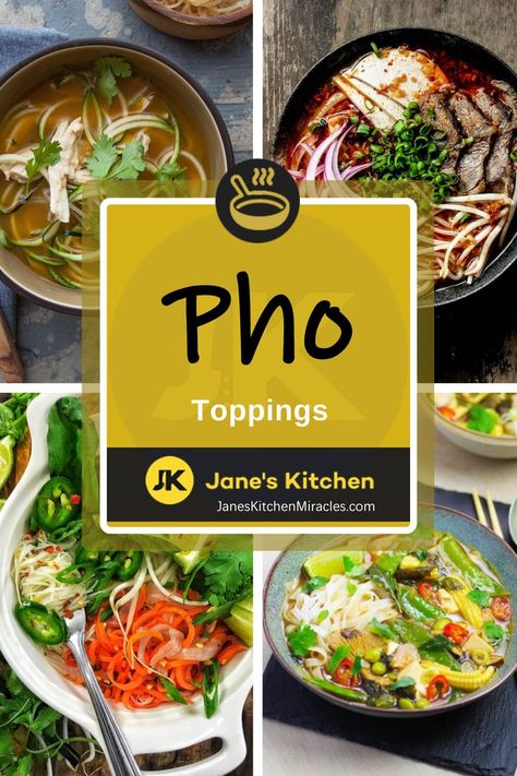 Various toppings on pho soups Pho Toppings, Pho Soup Recipe Easy, Pho Recipes, Steak Toppings, Pho Soup Recipe, Baked Okra, Bowl Of Pho, Pho Restaurant, Pickled Mustard Greens