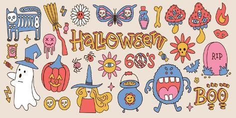 size: 24x12in Photographic Print: Big Set of 70S Halloween Psychedelic Clipart Elements. Retro Groovy Graphic Items of Pumpkin, Skull by Svetlana Shamshurina : 70s Halloween, Pumpkin Skull, Cartoon Butterfly, Groovy Retro, Retro Groovy, Print Finishes, Vintage Cartoon, High Quality Art Prints, Find Art