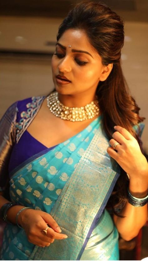 Rachitha Ram, Rachita Ram, Blue Color Saree, Silk Saree Blouse Designs Patterns, Pattu Saree Blouse Designs, Saree Blouse Neck Designs, Wedding Saree Blouse Designs, Jacket Blouse, Latest Model Blouse Designs