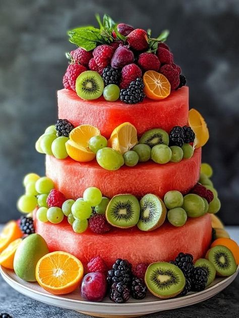 Cake Made Of Fruit, Melon Balls, Fruit Cake Design, Melon Cake, Melon Fruit, Fresh Fruit Cake, Amazing Food Platters, Wooden Skewers, Fruit Platter Designs