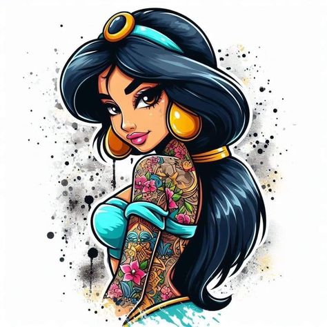 Disni Princes, Punk Disney Characters, Dark Disney Art, Pin Up Princess, Disney Pin Up, Goth Disney Princesses, Goth Disney, Disney Sleeve, Rose Drawing Tattoo