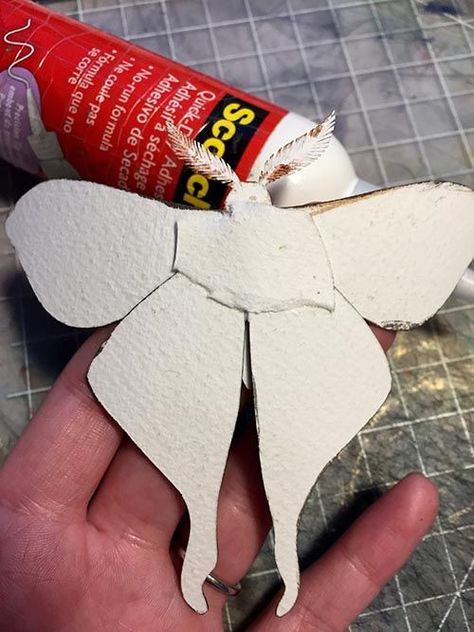 Paper moths are actually fairly easy to make. They are comprised of simple shapes, so the key to making them look "real" is a keen eye for observation when it comes to painting the wings. For this tutorial, I chose a Spanish luna moth, as their wing patterns are quite s Diy Monarch Butterfly Wings, Diy Realistic Butterfly, Faux Butterfly Taxidermy, Insect Paper Craft, Moth Paper Craft, Moth Craft For Kids, Paper Moths Diy, Paper Mache Projects Diy Tutorial, Paper Mache Butterfly