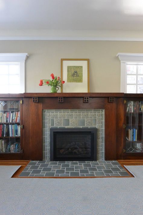 Craftsman Kitchen and Bath Addition in Berkeley, CA - Craftsman - Living Room - San Francisco - by Custom Kitchens by John Wilkins, Inc. | Houzz Craftsman Fireplace Ideas, Tile Fireplace Ideas, Craftsman Fireplace Mantels, Craftsman Style Fireplace, Arts And Crafts Fireplace, Craftsman Living Rooms, Craftsman Remodel, Craftsman Living Room, Craftsman Fireplace