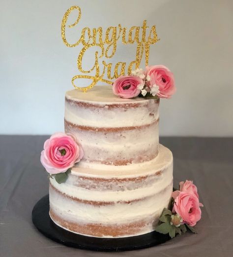 Graduation Cakes With Flowers, Floral Graduation Cakes, Rustic Graduation Cake, Boho Graduation Cake, Pink Grad Cake, Naked Cake Birthday, Grad Party Cake, Food Platters Party, Prom Cake