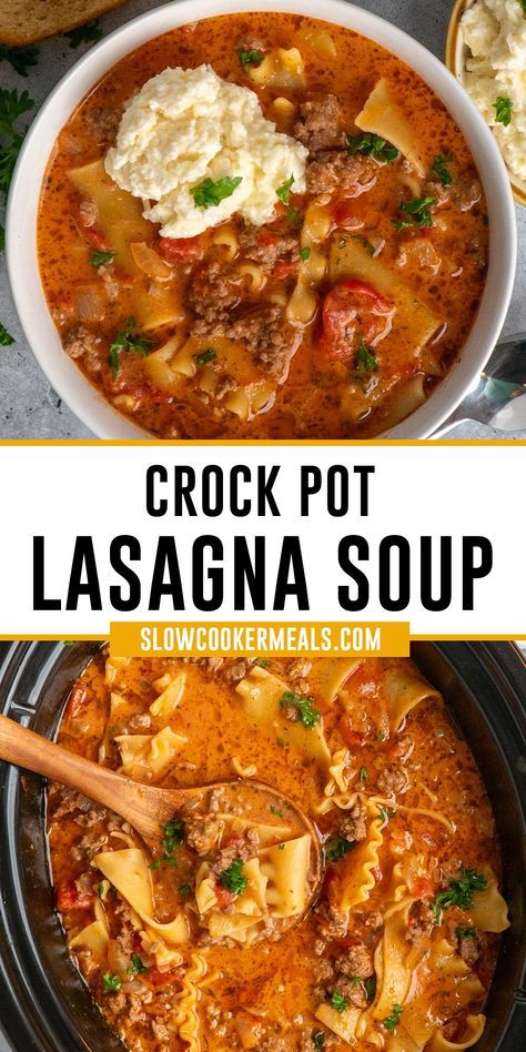 Enjoy this twist on traditional lasagna with this easy Crockpot Lasagna Soup recipe! This soup is filled with Italian sausage, ground beef, and a savory tomato broth, all cooked quickly in your slow cooker. Finish it off with a creamy homemade ricotta cheese topping for a meal that'll have you coming back for seconds! Crockpot Lasagna With Ricotta, Easy Crockpot Lasagna Soup, Best Lasagna Soup Recipe, Crockpot Lasagna Soup Recipe, Crockpot Lasagna Easy, Wife Recipes, Lasagna Soup Crockpot, Slow Cooker Lasagna Soup, Easy Lasagna Soup