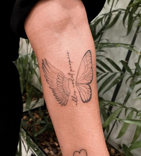 Wing Tattoos Men, Butterfly And Wings Tattoo, Butterfly Tattoo For Memorial, Outline Tattoo Butterfly, Angel With Butterfly Wings Tattoo, Angel Wings Tattoo With Flowers, One Angel Wing Tattoo, Unique Tattoos For Lost Loved Ones, Angel And Butterfly Tattoo