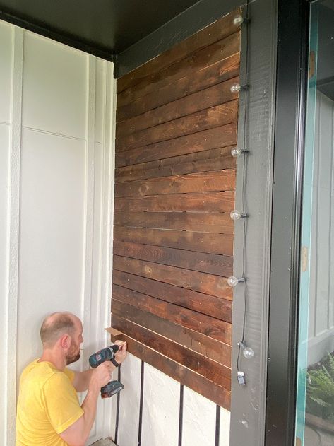 Exterior Wood Slat Accent, Wood Siding Stain Colors, Modern Ranch Curb Appeal, Wood Accent Around Front Door, Cedar Accent Wall Exterior, Front Porch Accent Wall, Diy Wood Slat Wall Exterior, Outdoor Wood Slat Wall, Stained Slat Wall