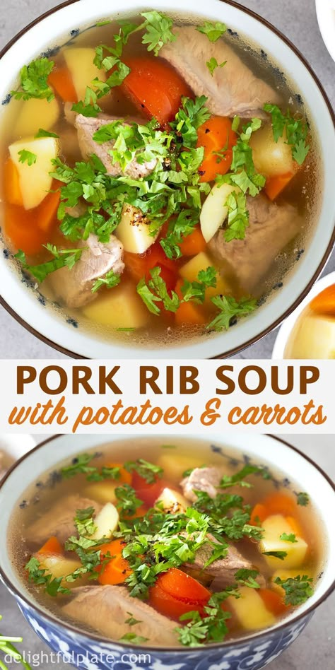 This Vietnamese Pork Rib Soup with Potatoes and Carrots is made with easy to find and affordable ingredients. It is so comforting and filling. You can make it on stovetop or with a pressure cooker (such as an Instant Pot) #vietnameserecipes #souprecipes #porkribs #potatosoup Carrots Stovetop, Soup With Potatoes And Carrots, Rib Soup Recipe, Pork Rib Soup, Pork Soup Recipes, Rib Soup, Pork Bone Soup, Soup With Potatoes, Chinese Soup Recipes