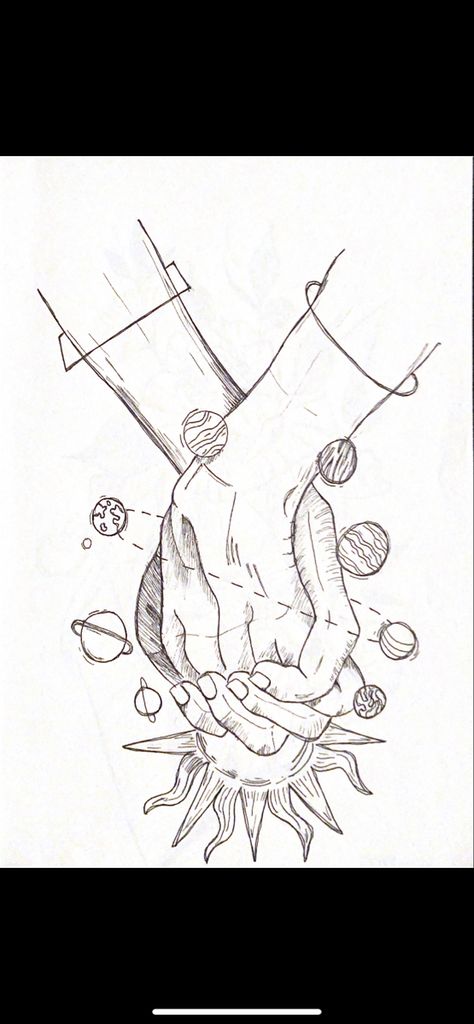 Holding Hands Aesthetic Painting, Drawing Ideas Holding Hands, Hands Holding Planets Tattoo, Planet Sketches Solar System, Holding Hands Aesthetic Drawing, Couple Hands Holding Drawing, Solar System Drawing Aesthetic, Solar System Sketch, Holding Hands Doodle