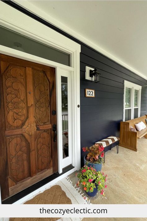 Dark blue exterior front porch Navy Blue Exterior House Colors, Navy Exterior House Colors, Sherwin Williams Anchors Aweigh, Dark Blue Exterior House Colors, Home Exterior Color Ideas, Navy Blue House Exterior, Navy House Exterior, Blue Home Exterior, Navy Blue House