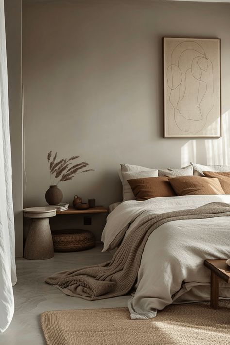 Bedroom In Earthy Tones, Grey Wall Bedroom Ideas Decor, Bedroom Bohemian Modern, Brown And Grey Bedding, Brown Wall Room Aesthetic, Mid Century Minimalist Bedroom, Brown Tone Bedroom, Grey Bedding Bedroom Ideas, Taupe Walls Bedroom