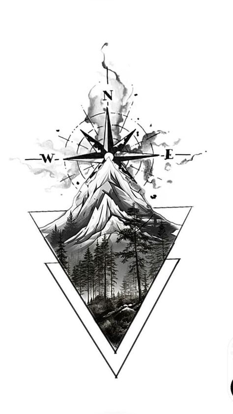 Geometric Mountain Tattoo Simple, Tattoo Mountain Geometric, Mountain And Compass Tattoo, Mountain Compass Tattoo, Compass Mountain Tattoo, Adventure Tattoo Ideas, Mountains Tattoo Design, Mountain Sleeve Tattoo, Compass Tattoo Ideas