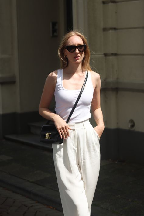 Minimal style, minimal chic, minimal outfit inspiration, minimal fashion, white summer look, summer outfit inspiration, summer outfit idea Celine Teen Triomphe Bag Outfit, Cateye Sunglasses Outfit, Celine Triomphe Bag Outfit, Cat Eye Sunglasses Outfit, It Girl Wishlist, Black Trouser Outfit, Minimal Summer Outfit, Celine Triomphe Bag, Celine Teen Triomphe