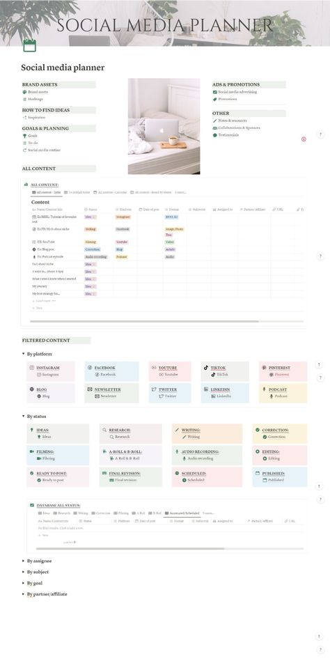 Notion template Social media planner Study Plan Template, Social Media Planner Template, Planner Youtube, Content Calendar Template, Life Planner Organization, Instagram Planner, Template Social Media, Marketing Planner, Digital Organization