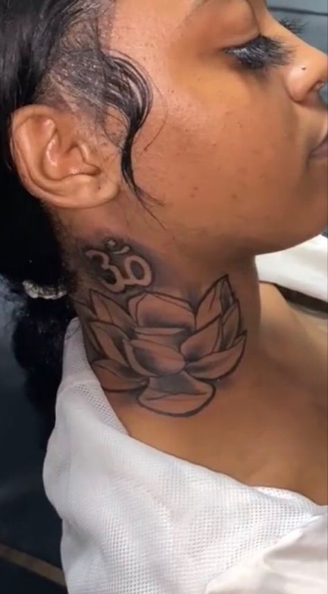 Lotus flower neck tattoo Females Neck Tattoos, Raw Neck Tattoos Women, Neck Tatts Black Women, Medium Size Neck Tattoo, Side Neck Tattoos Women Cover Up, Neck Tattoos Front Design, Lotus Tattoo Black Women, Different Neck Tattoos, Neck Tattoos Baddie