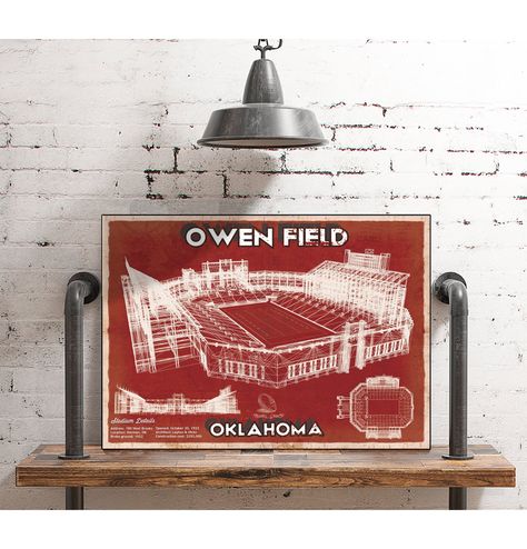 Wow picks! Oklahoma Sooners Football - Gaylord Family Oklahoma Memorial Vintage Stadium Blueprint Art Print at $35.00 Choose your wows. 🐕 #OklahomaFootball #SoonersPrint #SoonersArt #SoonersFramed #SoonersPoster #SoonersFan #SoonersGiftIdea #SoonersWallArt #OklahomaSooners #SoonersGifts Football Wall Decor, Garage Home Office, Sooner Football, Cave Living Room, Man Cave Living Room, Oklahoma Sooners Football, Sooners Football, Living Room Game Room, Oklahoma Football