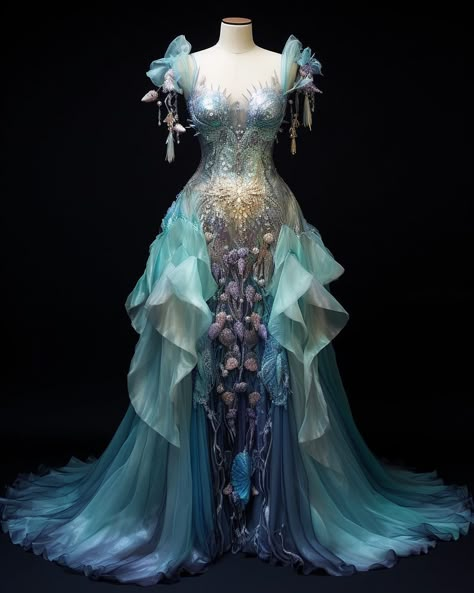 🫧Wearing beautiful, ocean-inspired dresses like a mermaid would be a lot of fun. It's a shame they weren't used in the movie. Creating… | Instagram Mermaid Fashion Dress, Ocean Inspired Costume, Mermaid Inspired Dresses, 90s Fashion Design, Water Wedding Dress, Mermaid Inspired Outfits Aesthetic, Ocean Ball Gown, Ocean Aesthetic Dress, Ocean Themed Prom Dress