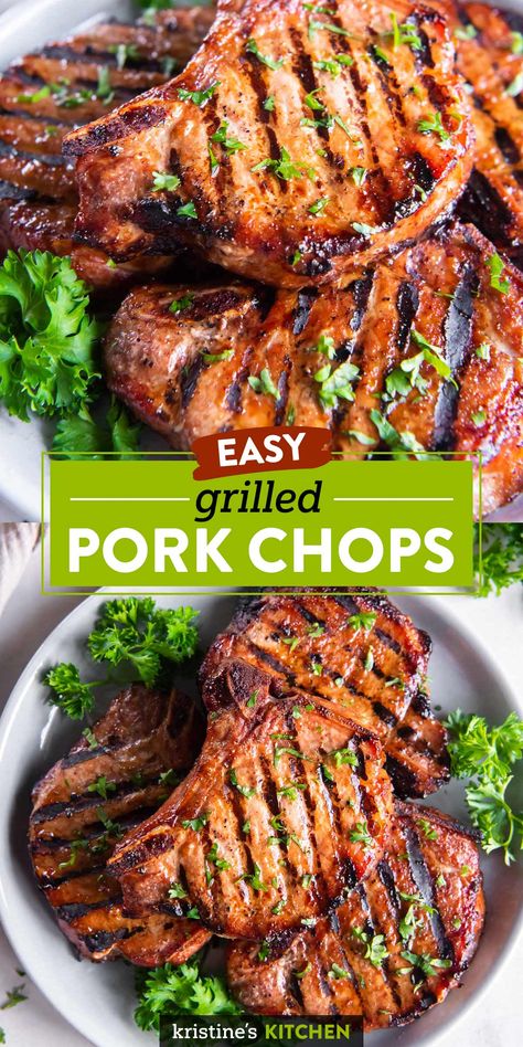 This easy Grilled Pork Chops recipe has a delicious pork chop marinade. It's one of our favorite grilling recipes, perfect for a BBQ or quick dinner. Porkchops On The Grill, Pork Chop Recipes On The Grill, Grilled Chops Pork, Porkchops Grilled, Grilling Recipes Pork Chops, Grilled Porkchops Dinner Ideas, Summer Pork Chop Recipes Grill, Pork Chops On Bbq, Tender Bbq Pork Chops