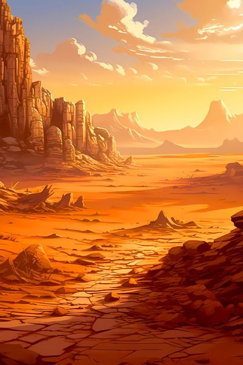 Desert Background Art, Desert Fantasy Landscape, Desert Illustration Fantasy Art, Desert Digital Art, Fantasy Landscape Desert, Fantasy Art Desert, Desert Fantasy Art, Desert Landscape Drawing, Anime Desert