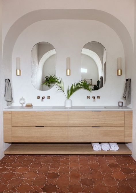 Modern Mediterranean Bathroom Reveal - Jenna Sue Design Modern Spanish Tile Bathroom, Spa Bathroom Ideas Master Bath Vanity, Zia Tile Cotto, Clay Tiles Bathroom, Cotto Tiles Bathroom, Clay Tile Bathroom, Zia Tile Bathroom, Southwest Bathroom Ideas, Modern Mediterranean Bathroom